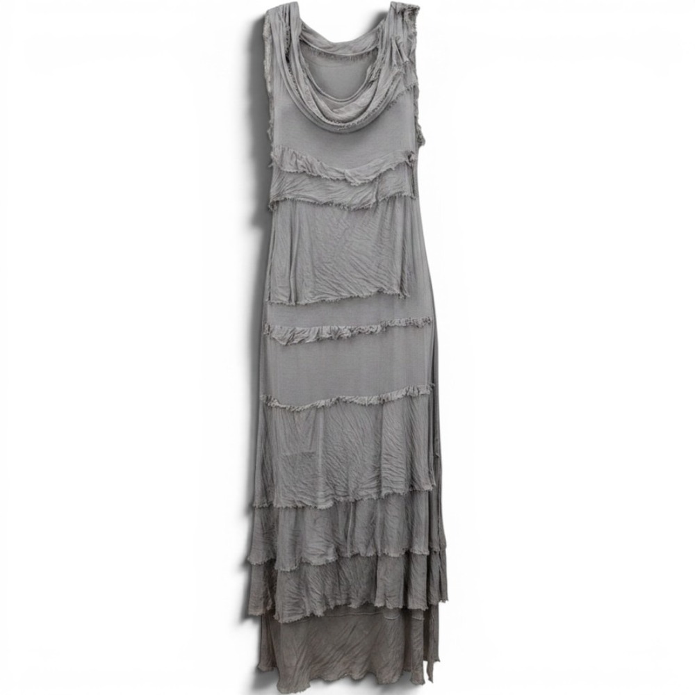 Prodotto Made In Italy Silk Blend Tiered Raw Edge Maxi Dress Grey Boho Lagenlook